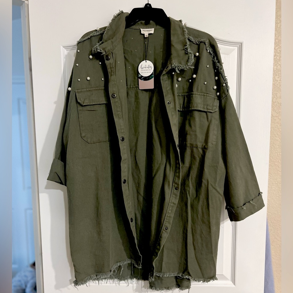 Oversized military jacket with pearl detail